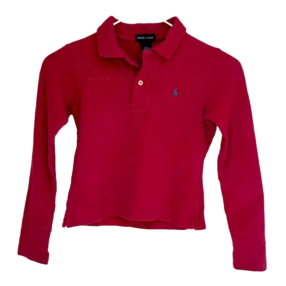 RALPH LAUREN Shirt Girl's Sz M Red Collared Long Sleeve Pique Cotton Preppy Polo